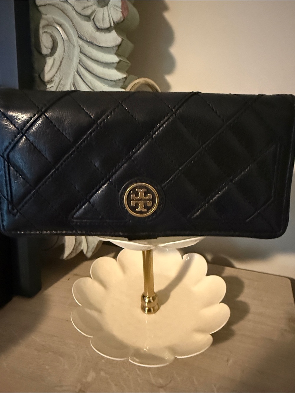 Tory Burch Black Quilted Leather Wallet with Gold Logo